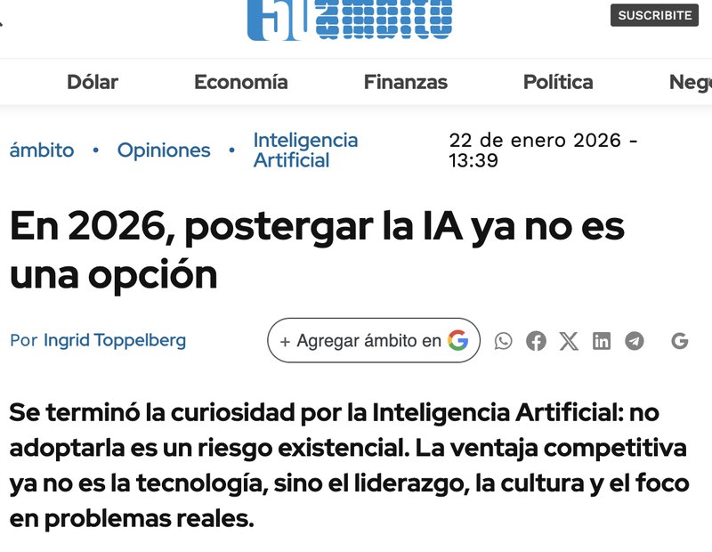 Captura de la nota de Ámbito En 2026, postergar la IA ya no es una opción