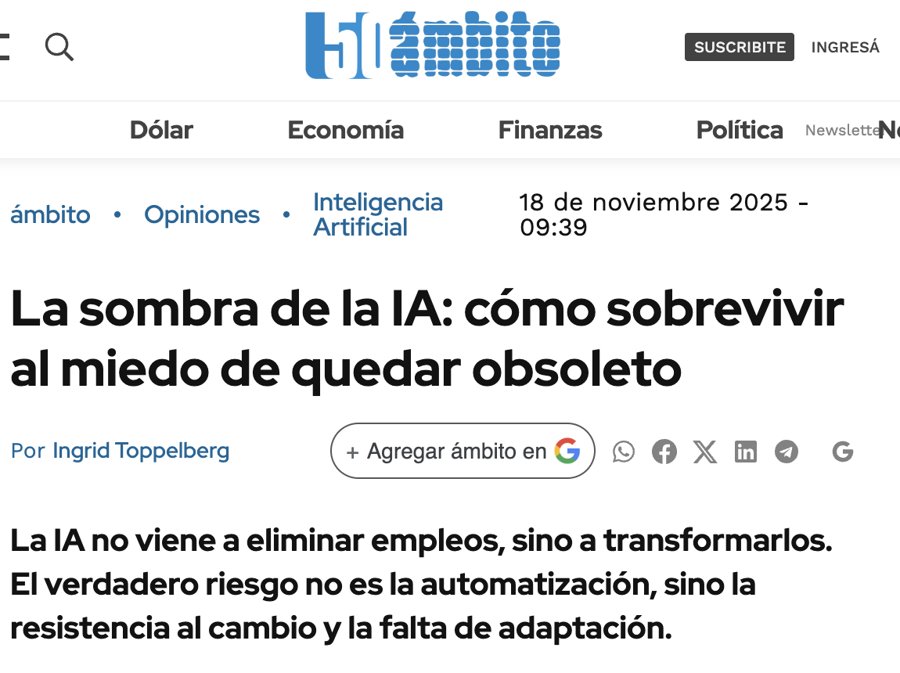 Captura de la nota de Ámbito La sombra de la IA: cómo sobrevivir al miedo de quedar obsoleto