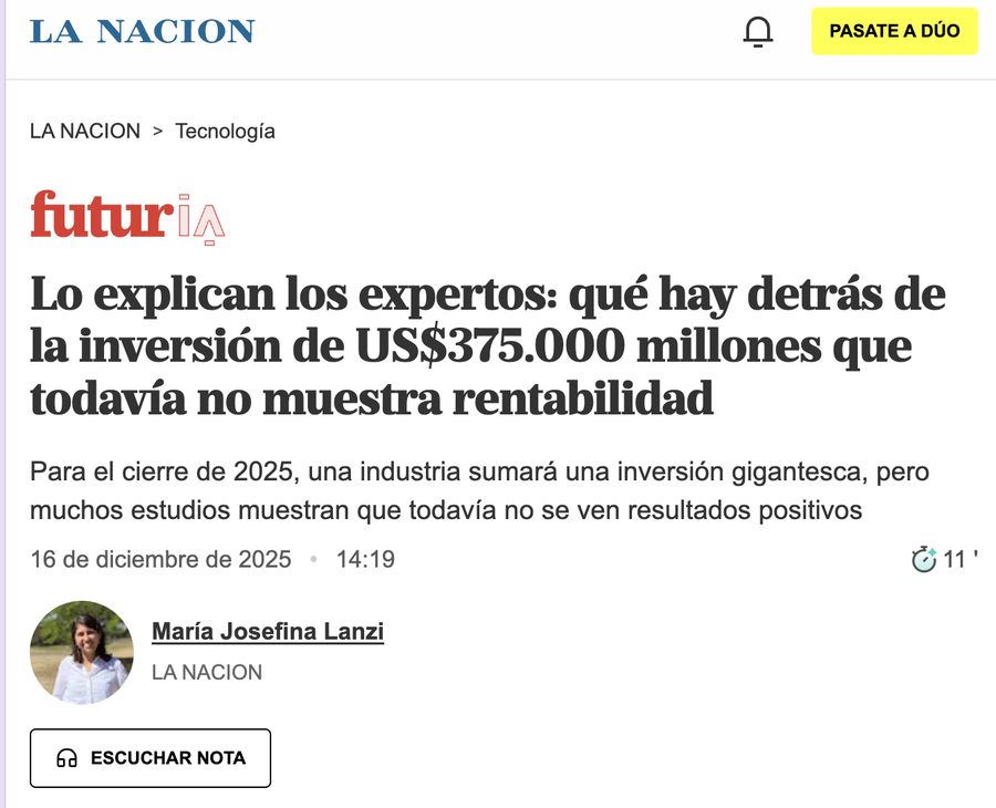 Captura de la nota de La Nación sobre la inversión en IA